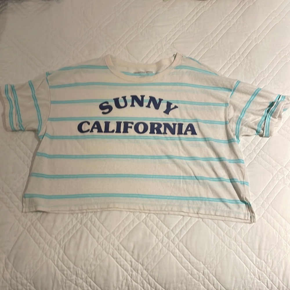 American Eagle "SUNNY CALIFORNIA" cream and teal striped tshirt in size s